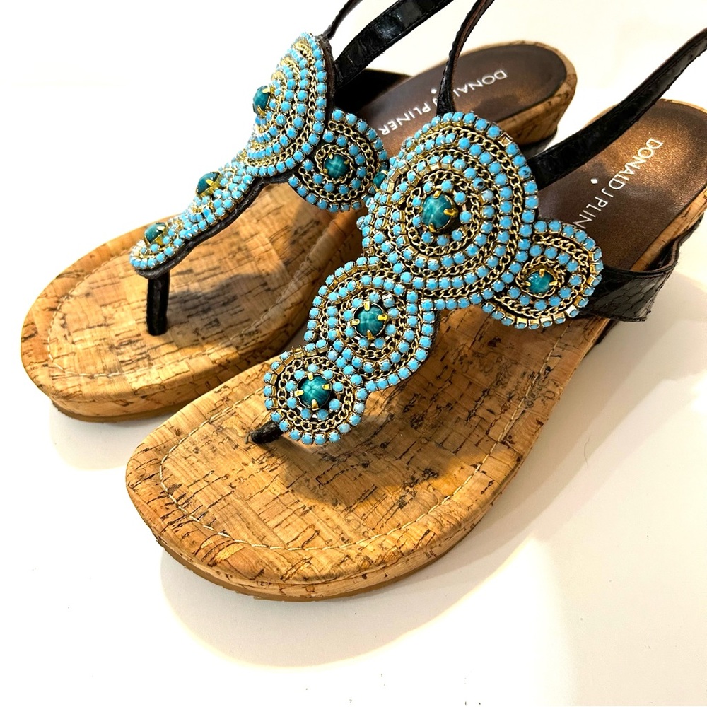 Donald J. Pliner Women's Wedge Sandals with Blue Beading Size 8